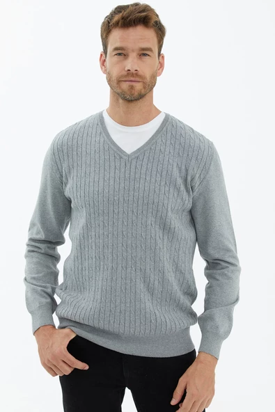 Süet Garnili Saç Örgülü Triko Kazak - Açık Gri ürün görseli 1