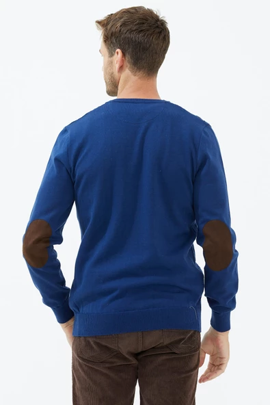 Süet Garnili Saç Örgülü Triko Kazak - Lacivert - Resim 4