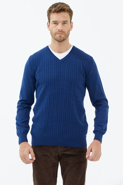 Süet Garnili Saç Örgülü Triko Kazak - Lacivert - Resim 2