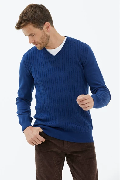 Süet Garnili Saç Örgülü Triko Kazak - Lacivert - Resim 3