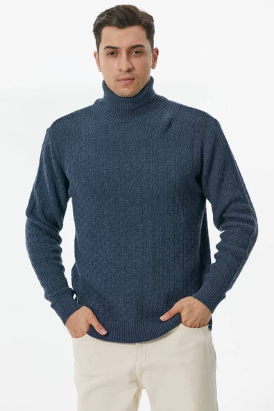 Tam Balıkçı Yaka Triko Kazak - Indigo - 3