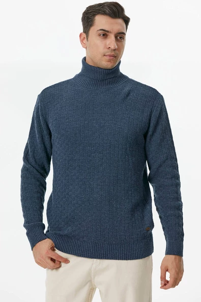 Tam Balıkçı Yaka Triko Kazak - Indigo - 5