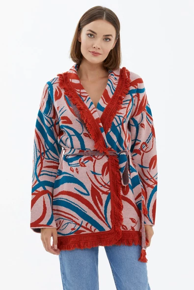 Şal Yaka Püsküllü Kemerli Çizgili  Triko Hırka - Somon - Resim 2