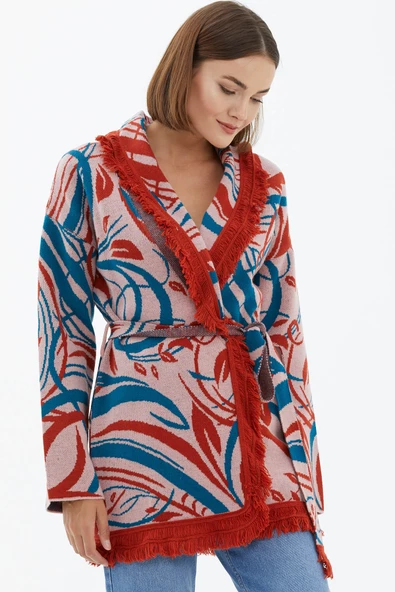 Şal Yaka Püsküllü Kemerli Çizgili  Triko Hırka - Somon - Resim 3