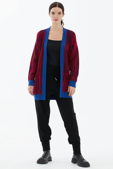 V Yaka Desenli Triko Hırka - Saks - Resim 2