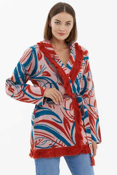 Şal Yaka Püsküllü Kemerli Çizgili  Triko Hırka - Somon ürün görseli