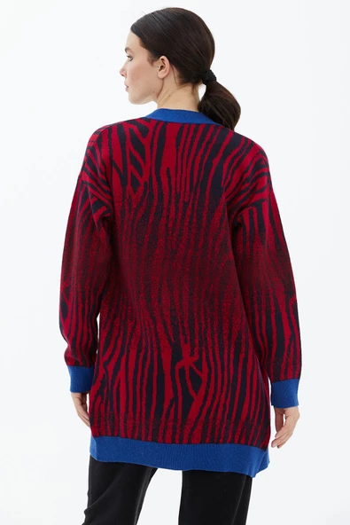 V Yaka Desenli Triko Hırka - Saks - Resim 3