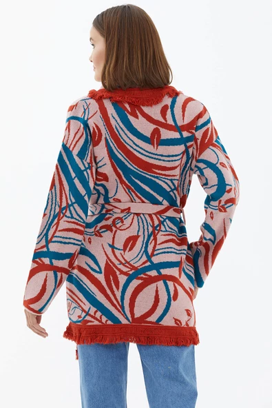 Şal Yaka Püsküllü Kemerli Çizgili  Triko Hırka - Somon - Resim 4