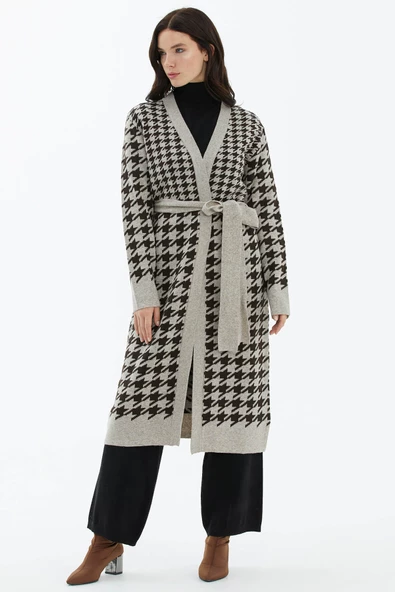 Kazayağı Desenli Uzun Kemerli Triko Hırka - Vizon - Resim 3