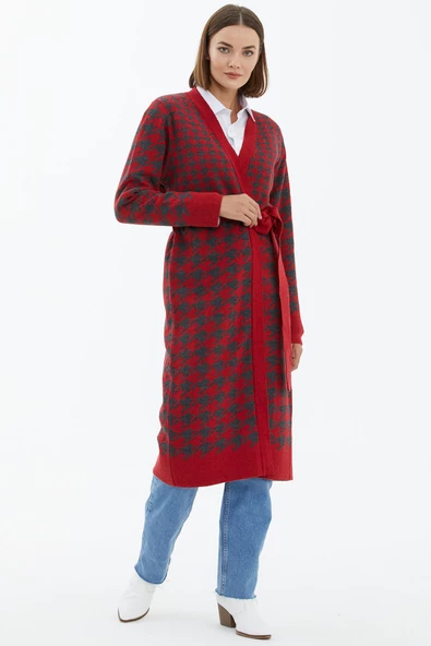 Kazayağı Desenli Uzun Kemerli Triko Hırka - Kırmızı - Resim 2