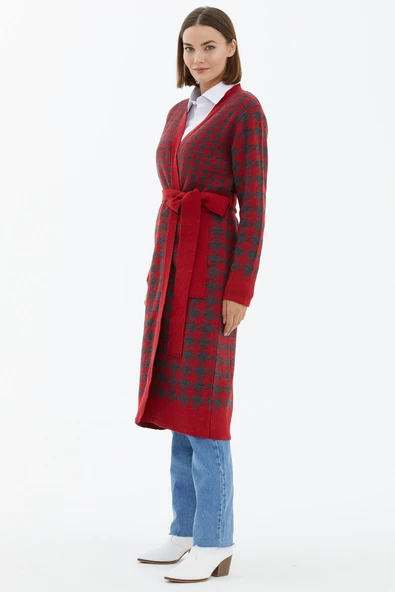 Kazayağı Desenli Uzun Kemerli Triko Hırka - Kırmızı - Resim 3