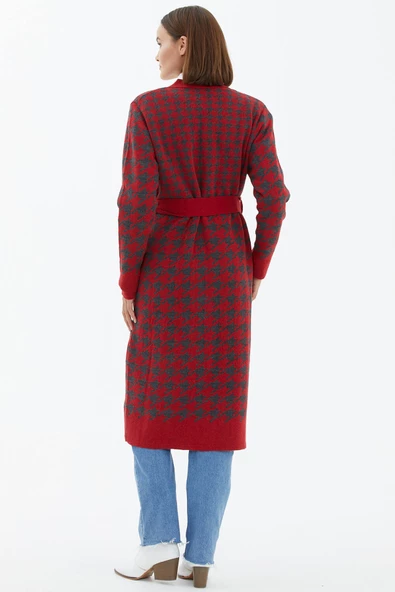 Kazayağı Desenli Uzun Kemerli Triko Hırka - Kırmızı - Resim 4
