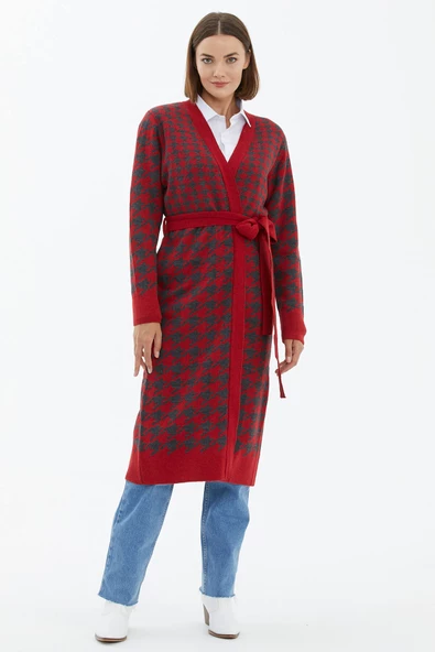 Kazayağı Desenli Uzun Kemerli Triko Hırka - Kırmızı ürün görseli