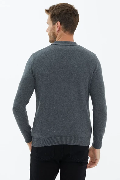 Polo Yaka Düğmeli Triko Kazak - Koyu Gri - Resim 4