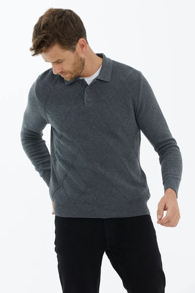Polo Yaka Düğmeli Triko Kazak - Koyu Gri - Resim 3