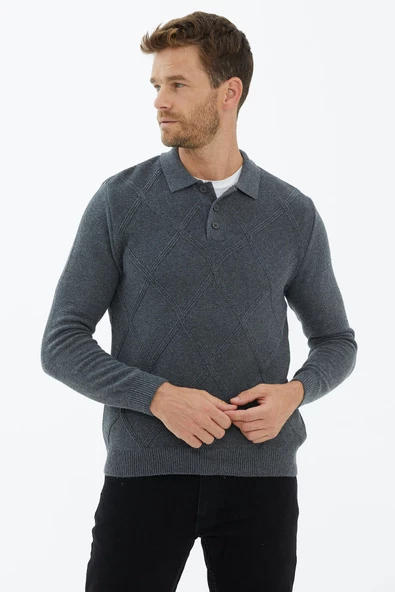 Polo Yaka Düğmeli Triko Kazak - Koyu Gri - Resim 2