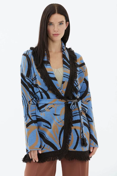 Şal Yaka Püsküllü Kemerli Çizgili  Triko Hırka - Mavi - Resim 2