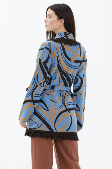 Şal Yaka Püsküllü Kemerli Çizgili  Triko Hırka - Mavi - Resim 3