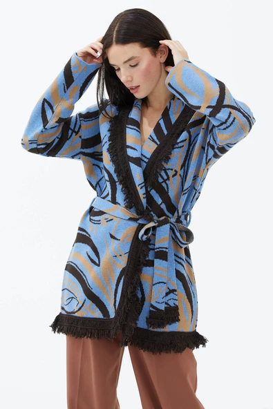 Şal Yaka Püsküllü Kemerli Çizgili  Triko Hırka - Mavi ürün görseli