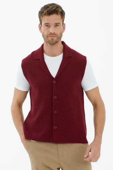 Polo Yaka Düğmeli Yelek - Bordo - 3