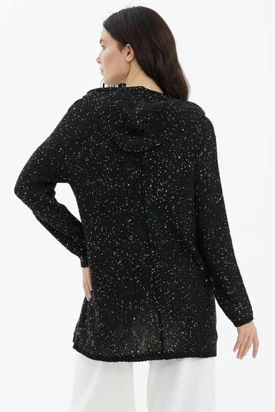 Kapüşonlu Fermuarlı Pullu Triko Hırka - Siyah - Resim 4