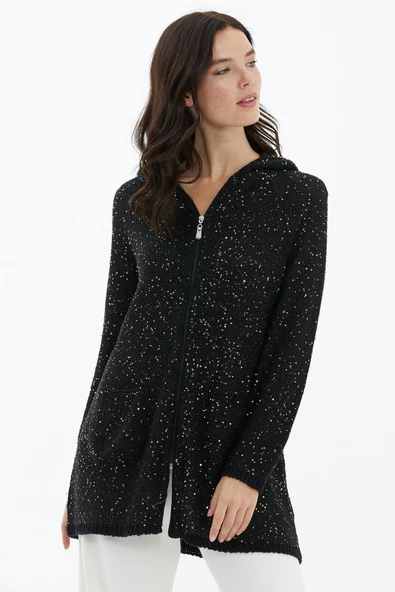 Kapüşonlu Fermuarlı Pullu Triko Hırka - Siyah - Resim 2