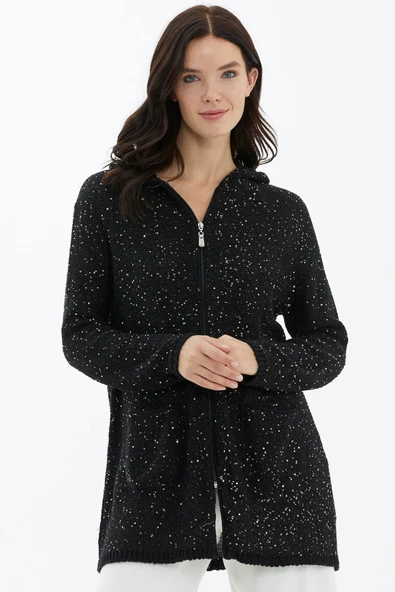 Kapüşonlu Fermuarlı Pullu Triko Hırka - Siyah ürün görseli