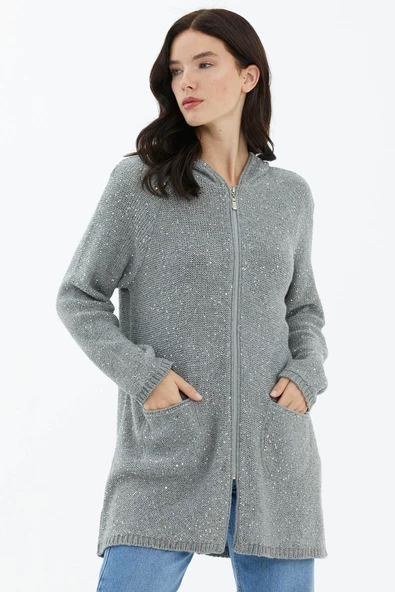 Kapüşonlu Fermuarlı Pullu Triko Hırka - Gri ürün görseli