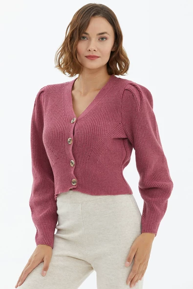 Balon Kol Düğmeli Triko Hırka - Gül - Resim 2