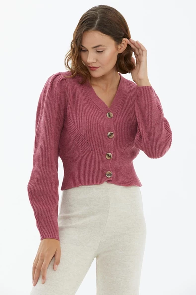 Balon Kol Düğmeli Triko Hırka - Gül ürün görseli