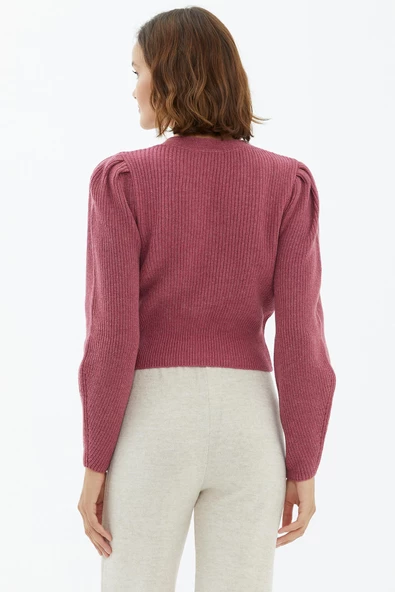 Balon Kol Düğmeli Triko Hırka - Gül - Resim 4