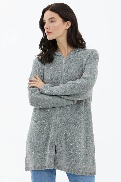 Kapüşonlu Fermuarlı Pullu Triko Hırka - Gri - Resim 3