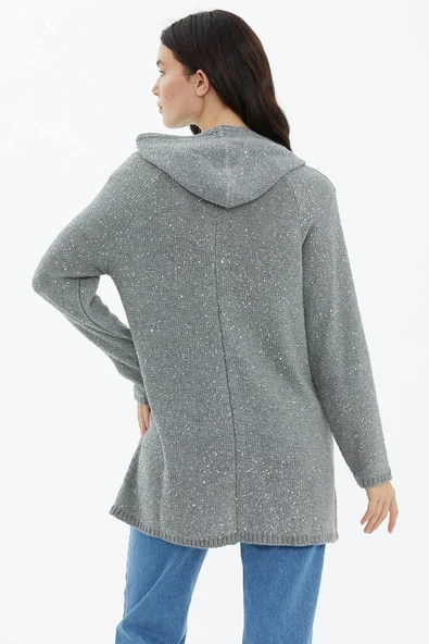 Kapüşonlu Fermuarlı Pullu Triko Hırka - Gri - Resim 4