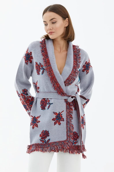 Şal Yaka Püsküllü  Gül Desenli Kemerli Triko Hırka - Mavi ürün görseli 1