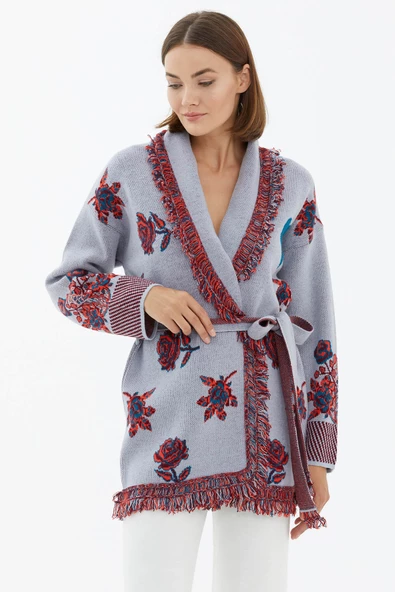 Şal Yaka Püsküllü  Gül Desenli Kemerli Triko Hırka - Mavi - Resim 2