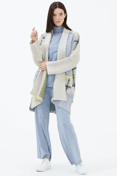 Şal Yaka Cepli Triko Hırka - Bej - Resim 3