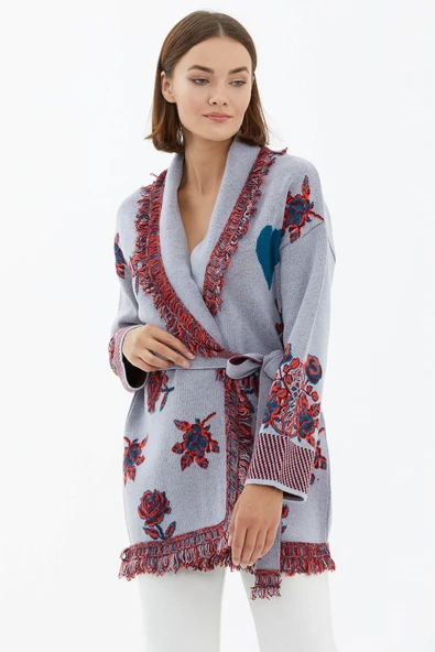 Şal Yaka Püsküllü  Gül Desenli Kemerli Triko Hırka - Mavi - Resim 3