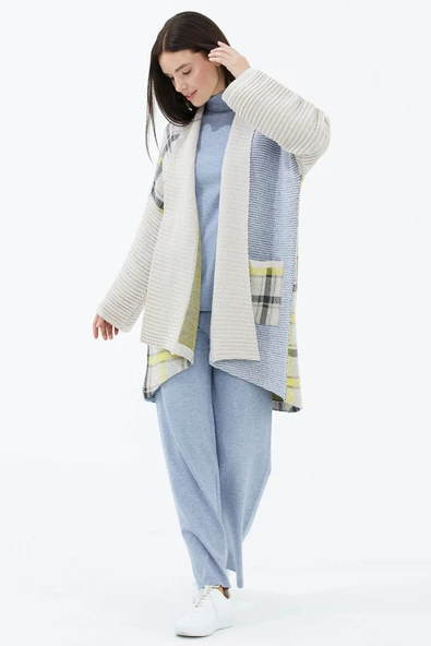 Şal Yaka Cepli Triko Hırka - Bej - Resim 2