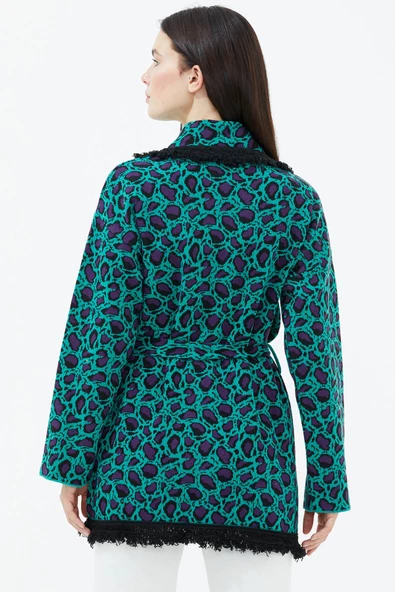 Şal Yaka Püsküllü Kemerli  Leopar Desenli Triko Hırka - Yeşil - Resim 4