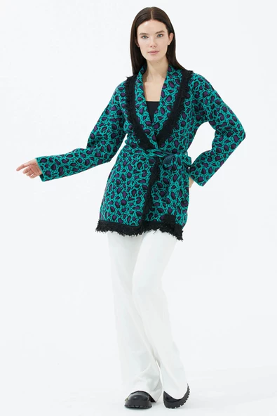 Şal Yaka Püsküllü Kemerli  Leopar Desenli Triko Hırka - Yeşil - Resim 3