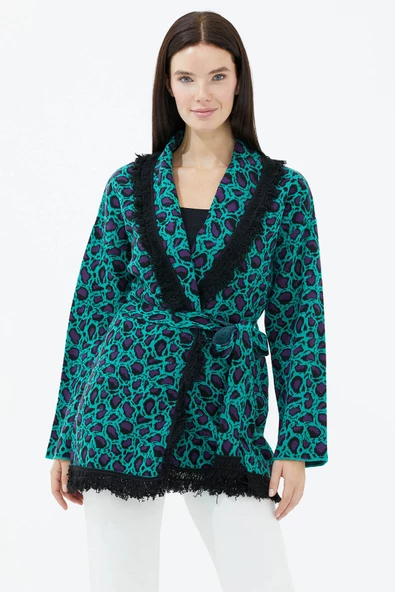 Şal Yaka Püsküllü Kemerli  Leopar Desenli Triko Hırka - Yeşil ürün görseli