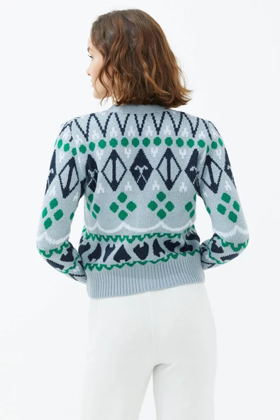 V Yaka Düğmeli Triko Hırka - Mavi - Resim 4