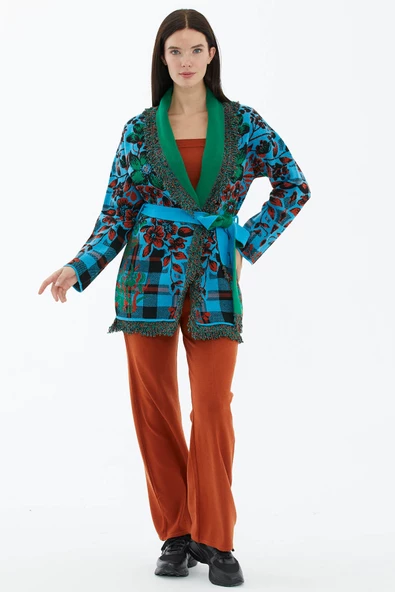 Şal Yaka Püsküllü Çiçek Desenli  Triko Hırka - Turkuaz - Resim 2