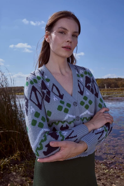 V Yaka Düğmeli Triko Hırka - Mavi ürün görseli 1