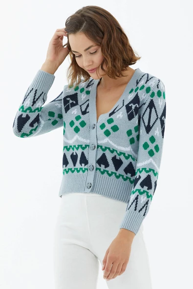 V Yaka Düğmeli Triko Hırka - Mavi - Resim 3