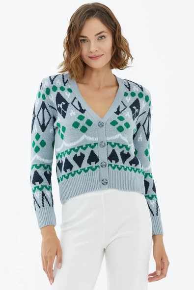 V Yaka Düğmeli Triko Hırka - Mavi - Resim 2