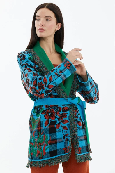 Şal Yaka Püsküllü Çiçek Desenli  Triko Hırka - Turkuaz - Resim 3