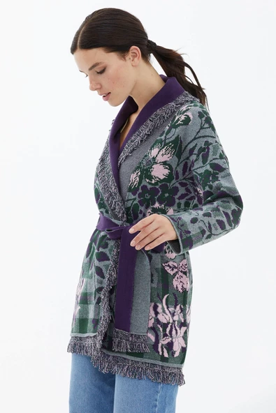 Şal Yaka Püsküllü Çiçek Desenli  Triko Hırka - Gri - Resim 2