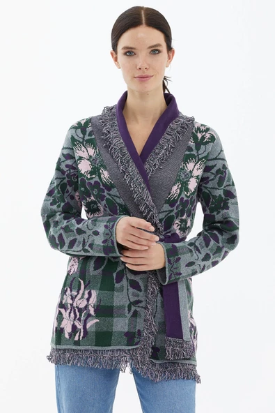 Şal Yaka Püsküllü Çiçek Desenli  Triko Hırka - Gri - Resim 3