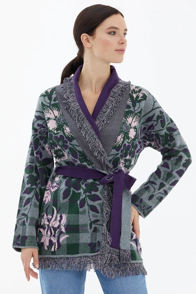 Şal Yaka Püsküllü Çiçek Desenli  Triko Hırka - Gri ürün görseli